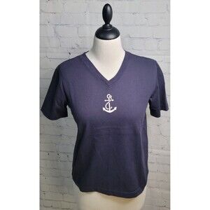 Vintage Liz Claiborne Lizsport Nautical Top Sz Md Navy Blue V Neck Beach Classic